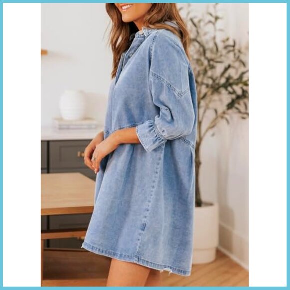 Smocked 3/4 Sleeve Button Down Denim Jean Dress Mini Loose Fit - Picture 3 of 7